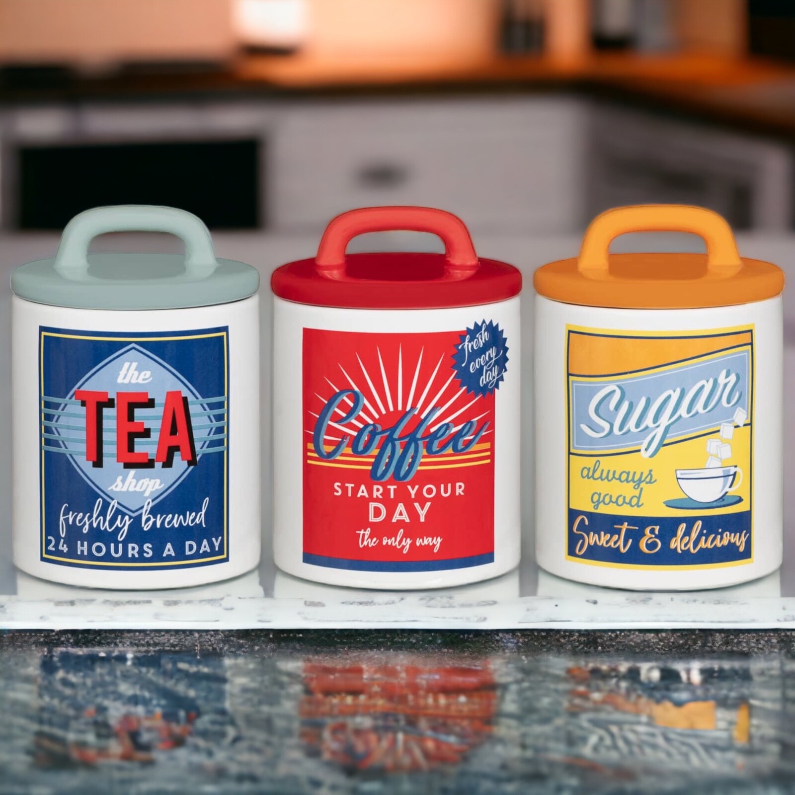 Set of 3 Retro Canister Set-Tea/Coffee/Sugar Storage Jars