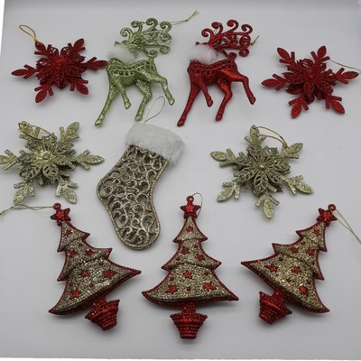 Lot of 10 Glitter Christmas Ornaments Deer Stocking Trees Snowflakes Red Gold 