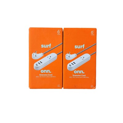 Lot Of 2 ONN Surf AC Outlet Multi USB Port Extension Cord 6 Ft Set Pair Bundle