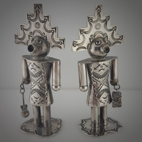Rare Navajo Sterling pr Salt & Pepper Shakers figural & hand stamped decorations