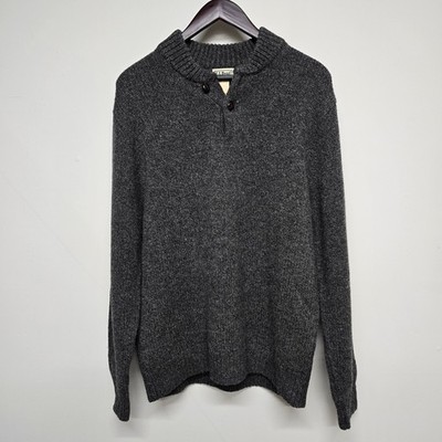 LL Bean 100% Lambswool Henley Sweater Mens M Gray Wool Button Cabin Preppy