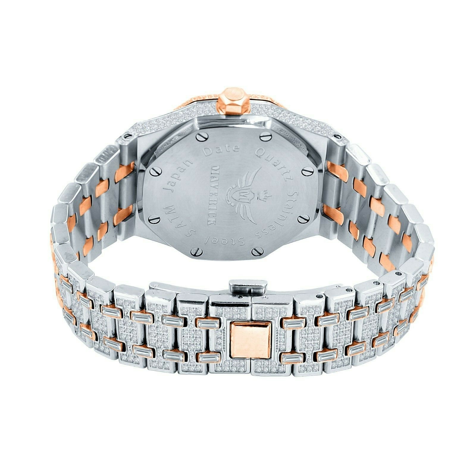 Pre-owned Bling Master Full Steel Baguette Men's Rose Gold 2 Tone Finish Simulated Diamonds 42 Mm Watch