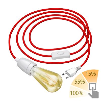3m de câble textile LEHA II prise interrupteur porcelaine rouge + lampe LED