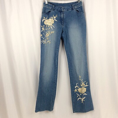 CACHE Floral Embroidered Bootcut Jeans Womens Size 4 Light Wash Denim Beaded