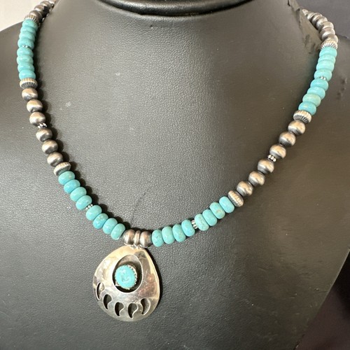 Pre-owned Handmade Mens Blue Turquoise Bearpaw Pendant Navajo Pearls Sterling Silver Necklace 17880