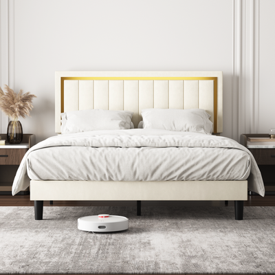 Upholstered Platform Bed Frame Full Size w/ Adjustable Headboard Gold Trim P2C8