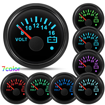 2'' 52mm Car Boat Voltmeter 8-16V Voltage Gauge Waterproof 7 Colors Backlight