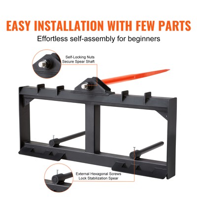 VEVOR 49" Hay Spear Bale Spears Skid Steer Loader Tractor Attachment 1600lbs