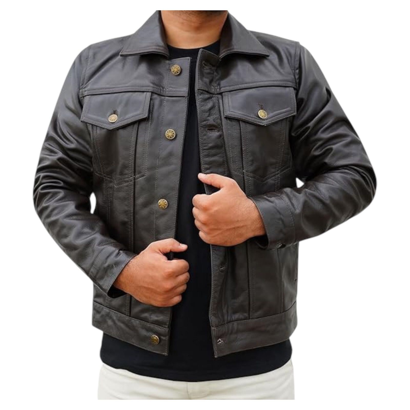 Men's Genuine Leather Black Trucker Leather Shirt Jean Style