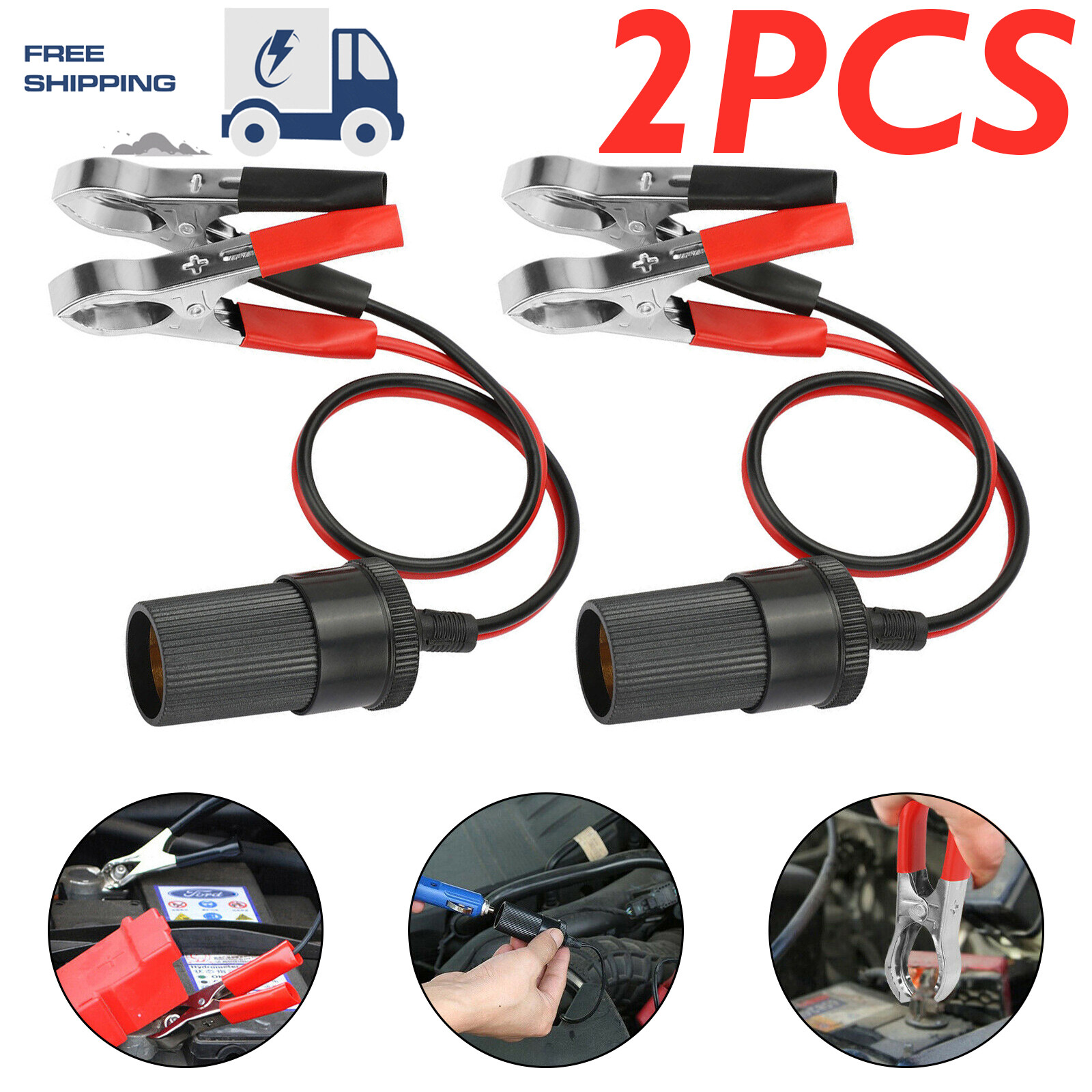 2PCS 12V Car Battery Alligator Cigarette Lighter Socket Clamp Clip Power Adapter