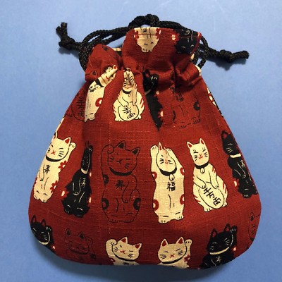 Mini Kinchaku Pouch Maneki Neko Money Fortune Cat Cute Kawaii Red Kyoto