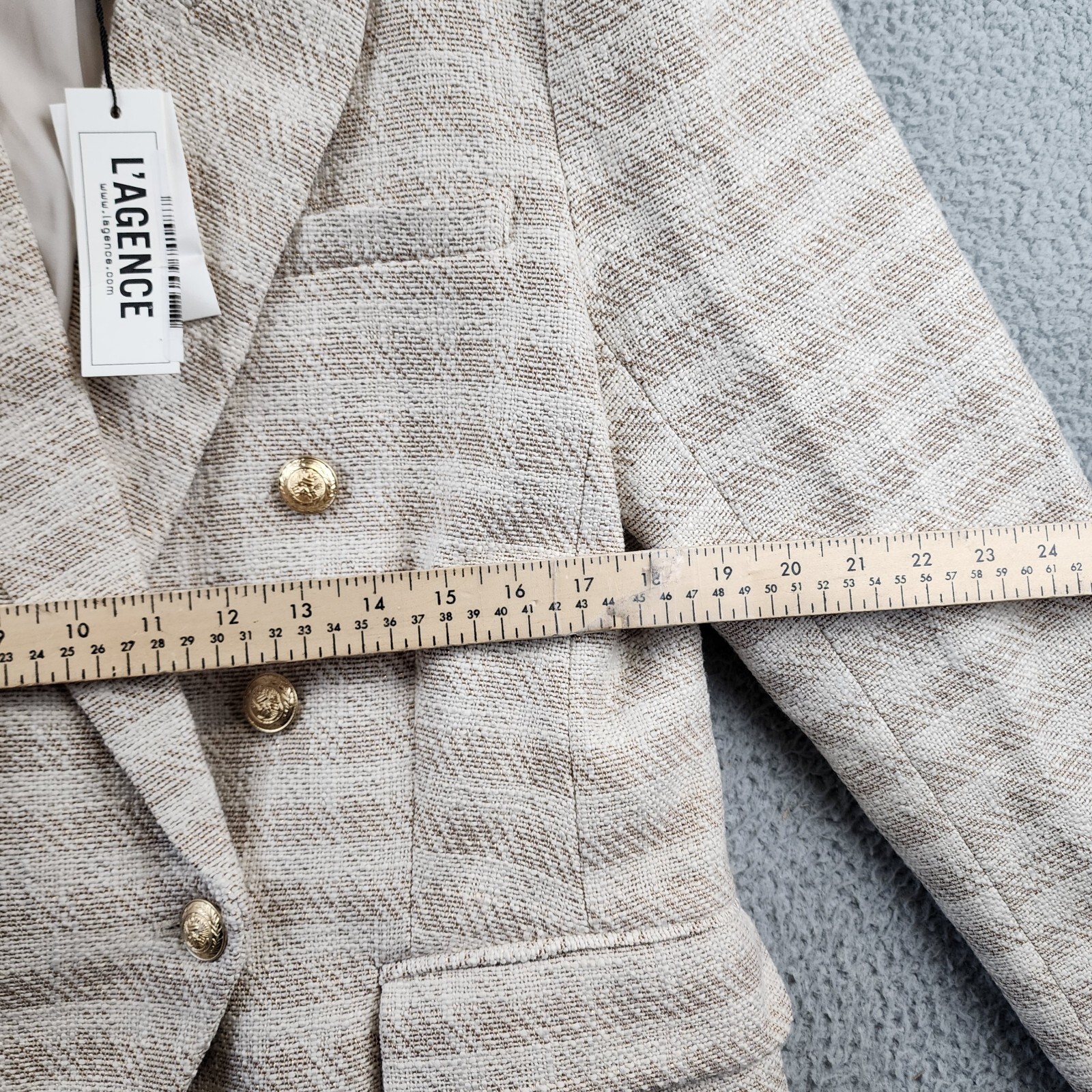 Pre-owned L'agence Kenzie Checked Double Breasted Blazer Women's 12 Ecru Gold Long Sleeve