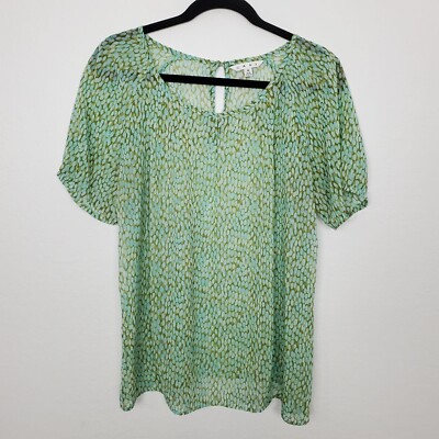 Cabi Women's Pebbled Green Keyhole Semi Sheer Short Sleeve Blouse Top Size M