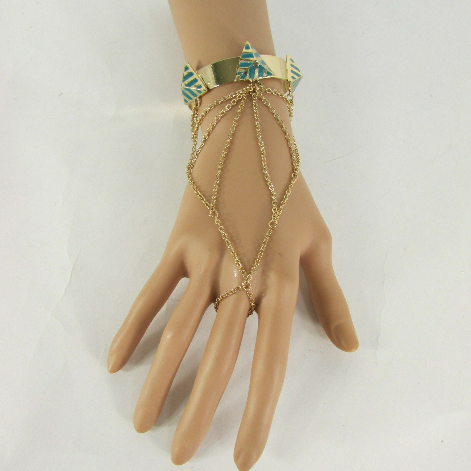 Fun Women Gold Metal Blue White Orange Pyramid Bracelet Hand