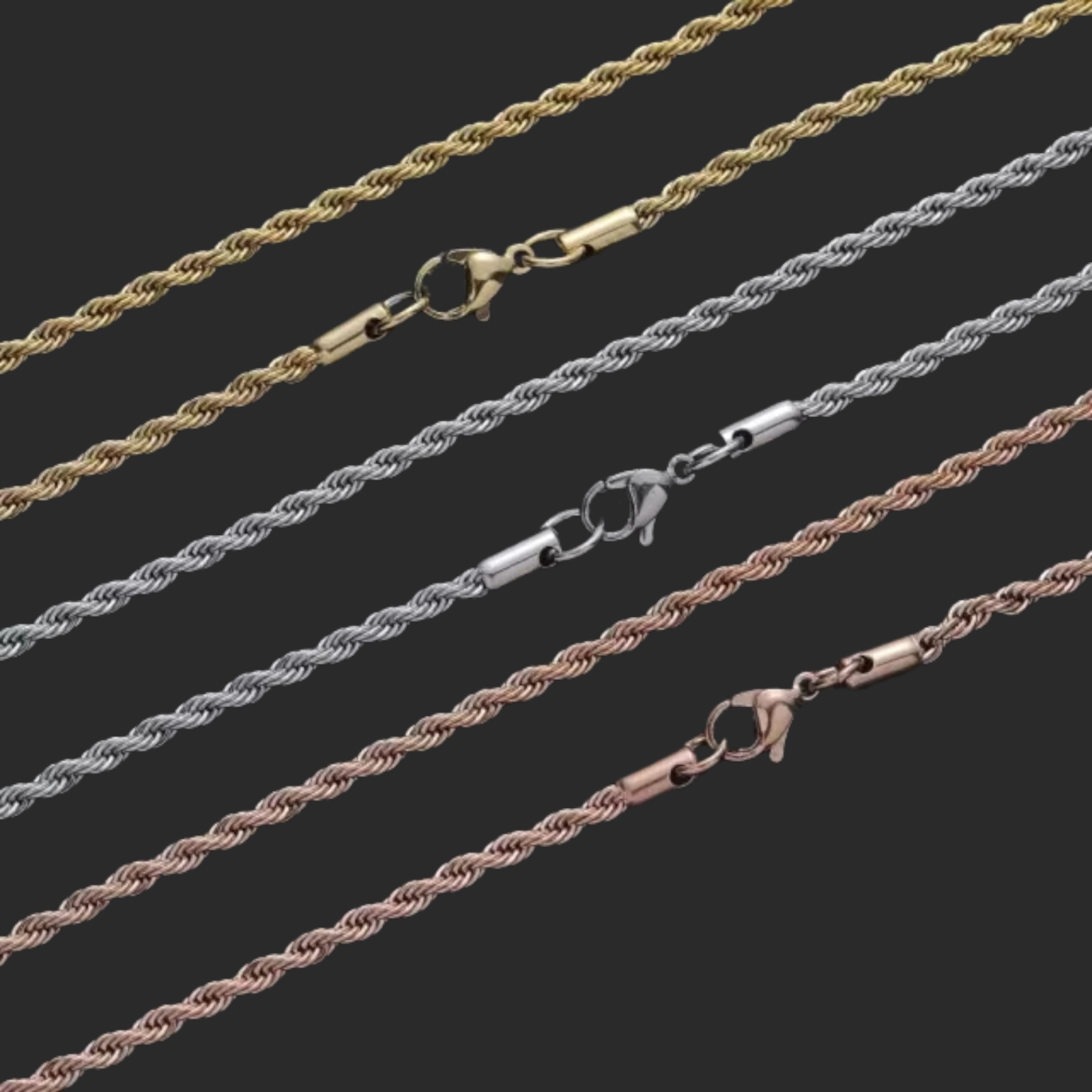 Stainless Steel Gold Plated Rope Chain 3mm Hip Hop Jewelry Unisex, Women, Men