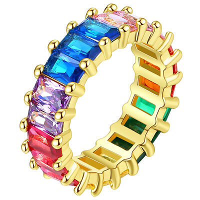 Eternity Rainbow Ring 18K Gold Plated Stackable Ring Wedding Band for Women
