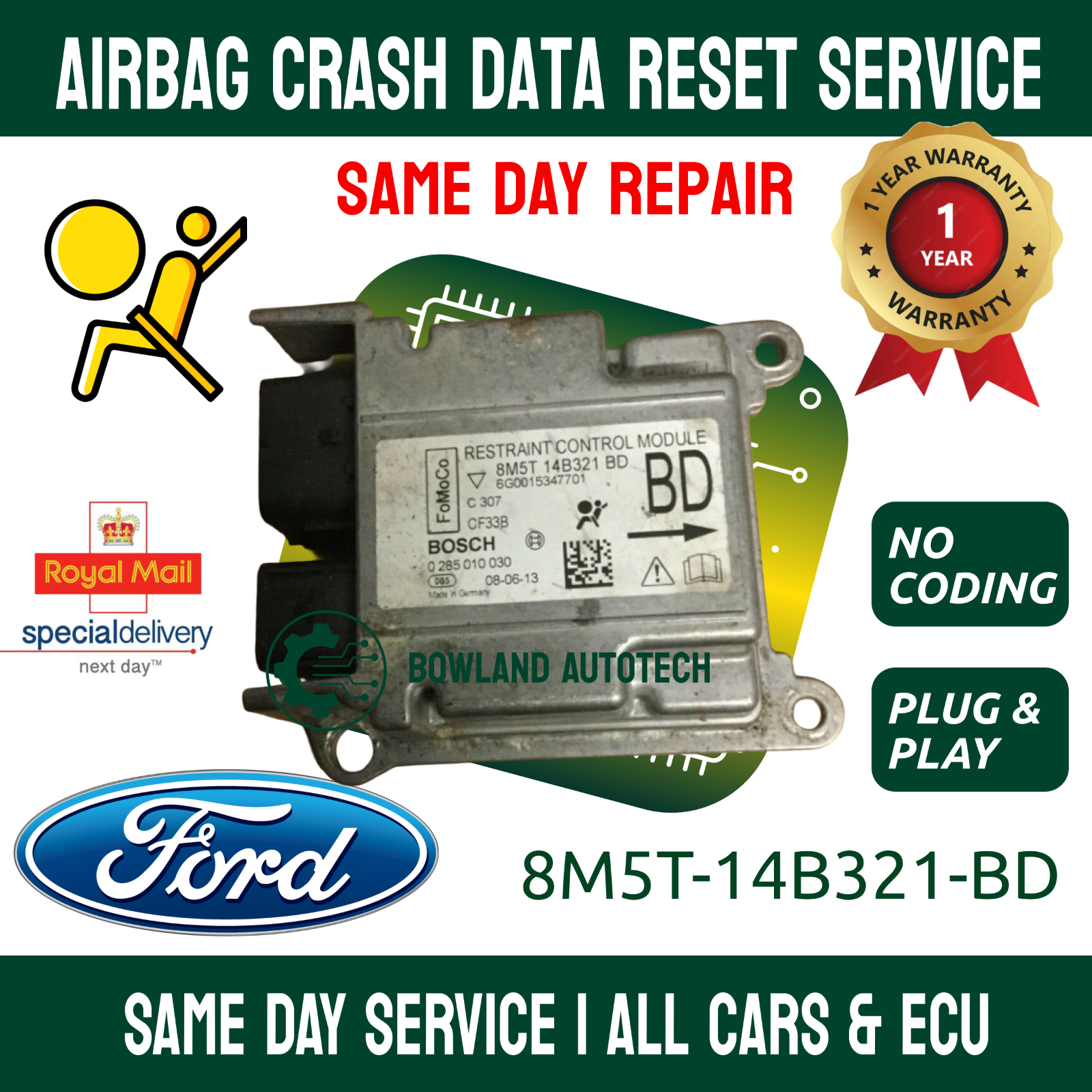 Ford Focus 8M5T-14B321-BD 0285010030 Airbag ECU Crash Data Reset Service