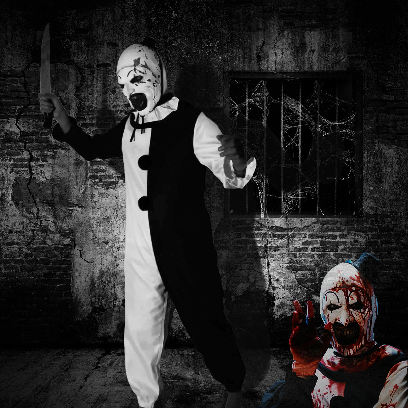 Terrifier Art de clown jumpsuit, tweekleurig zwart en wit