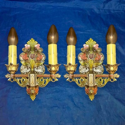 Antique Wall Two Arm Sconces Rewired Polychrome Finish Nice Rare 17E