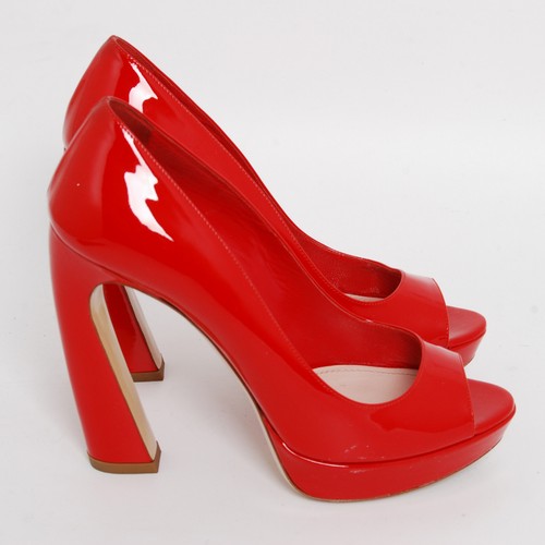 Miu Miu Women Red Pumps Patent Leather Peep Toe Block High