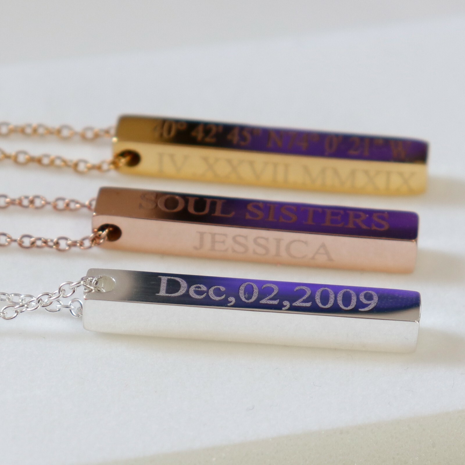 Personalized 3D Bar Necklace, Dainty 4 Sided Vertical Bar Necklace, Name Bar