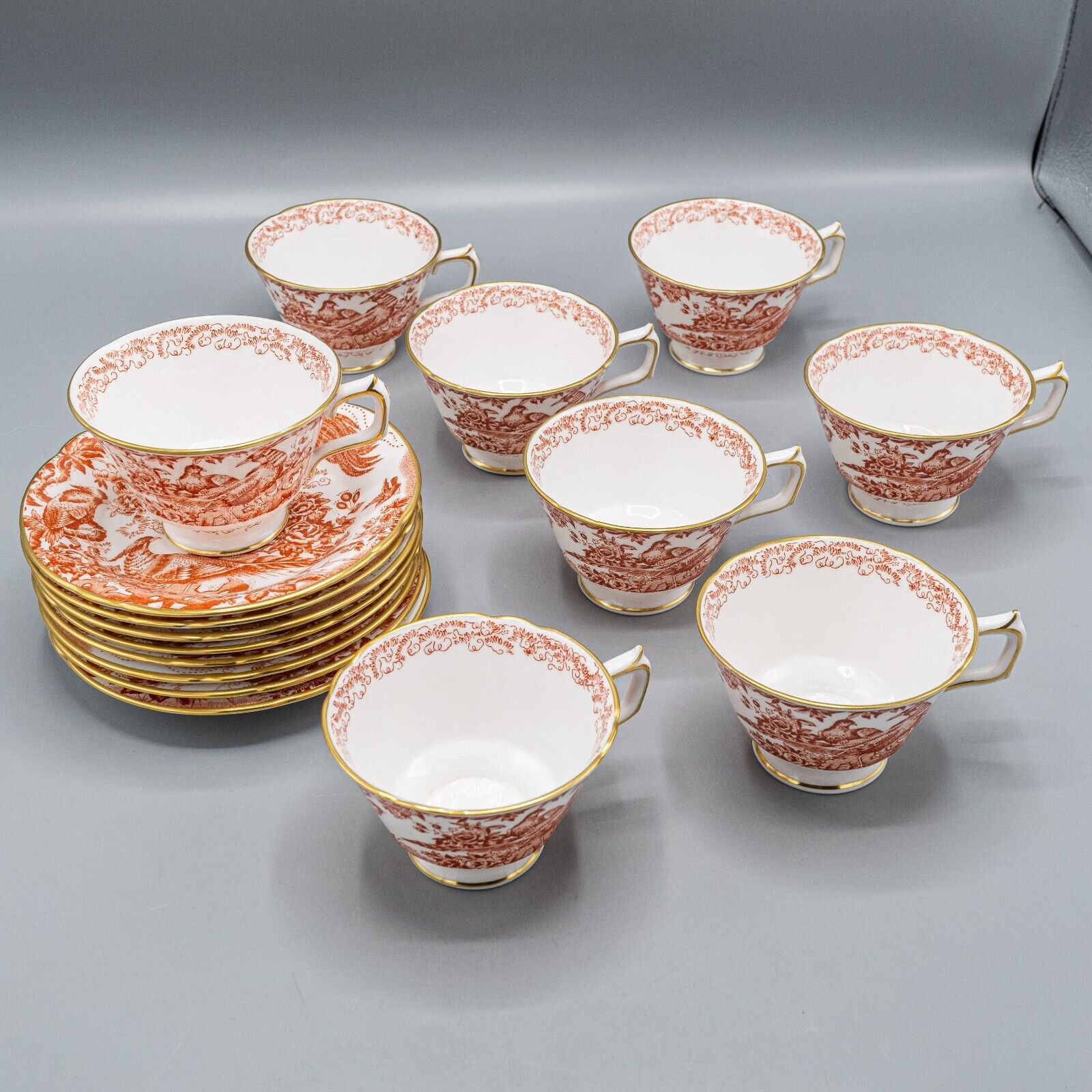 Royal Crown Derby Red Aves Footed Cup & Saucers Set of 8 Royal Crown Derby Red Aves Footed Cup & Saucers Set of 8