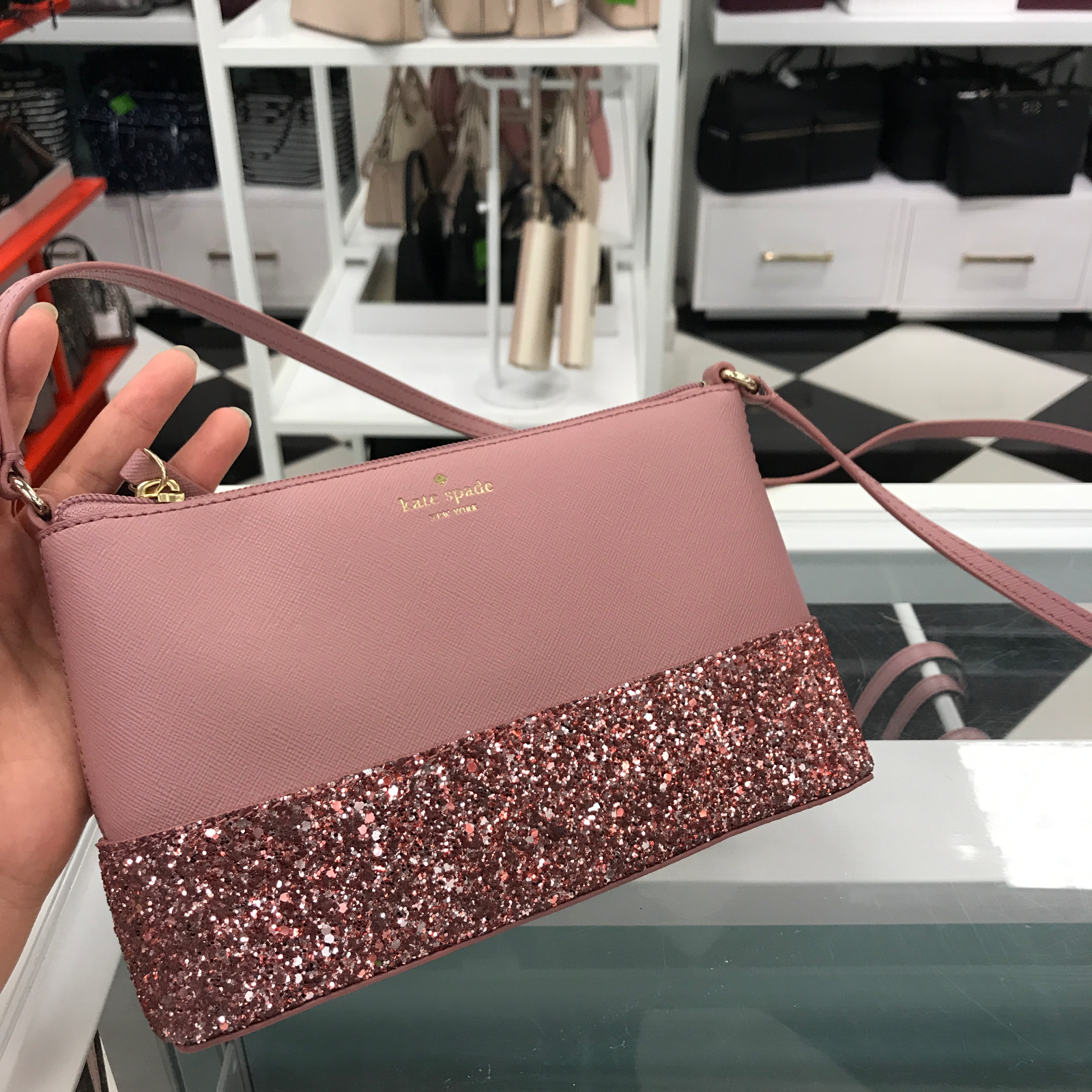 kate spade ramey greta court glitter saffiano leather crossbody bag dusty peony
