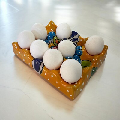 Talavera Egg Holder 12 Eggs Hand Painted Mexican Pottery 8 x 6 inches-Yellow-