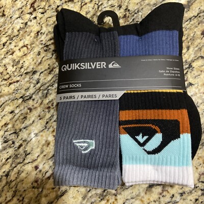 NEW 5 PAIRS QUIKSILVER MEN'S CREW SOCKS. SHOE SZ 6-12