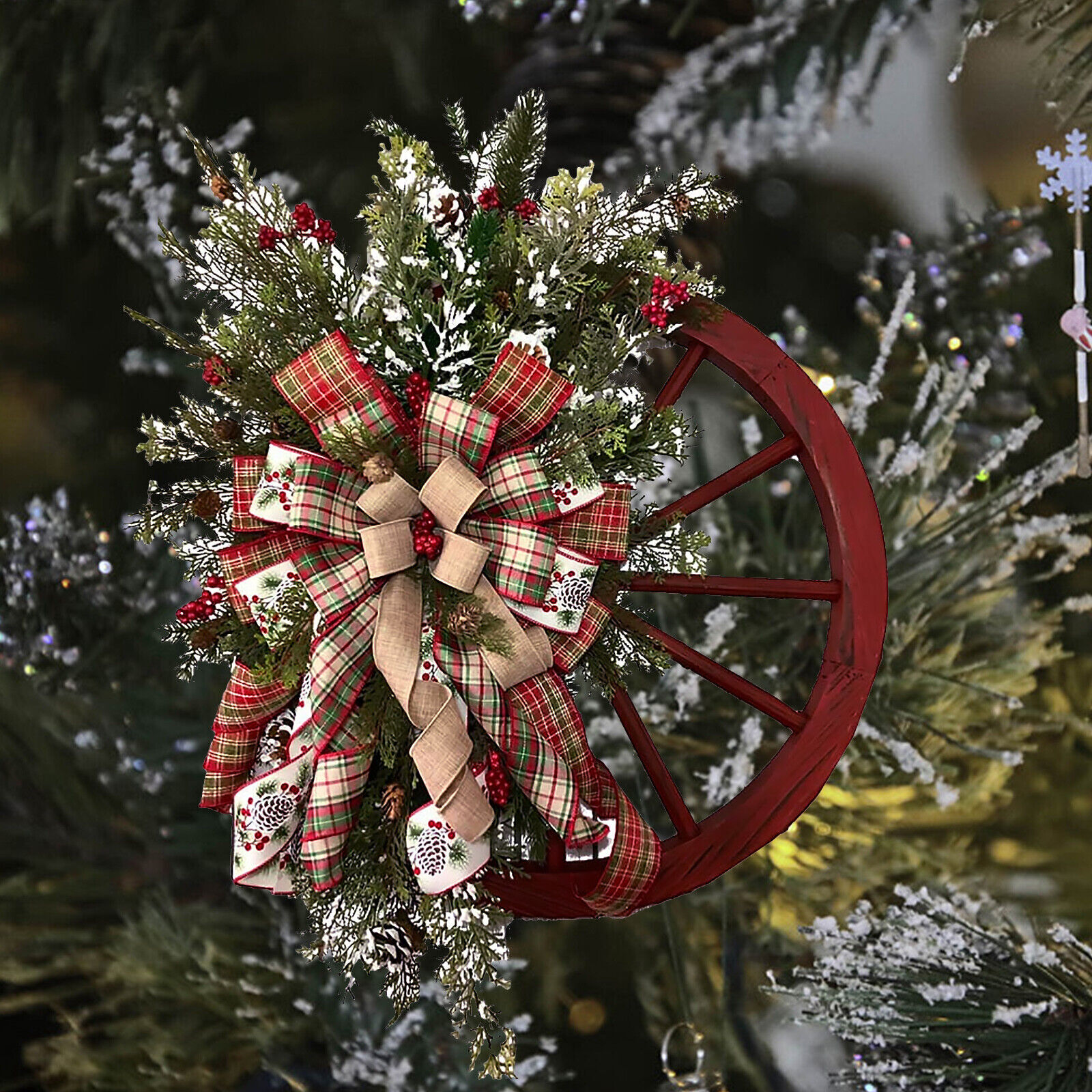 Christmas Red Wagon Wheel Wreath Holiday Decorative Anti-fade Garland Ornaments