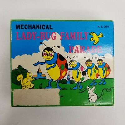 Vtg MECHANICAL LADYBUG FAMILY PARADE Windup Tin Toy Original Box Taiwan Lady Bug
