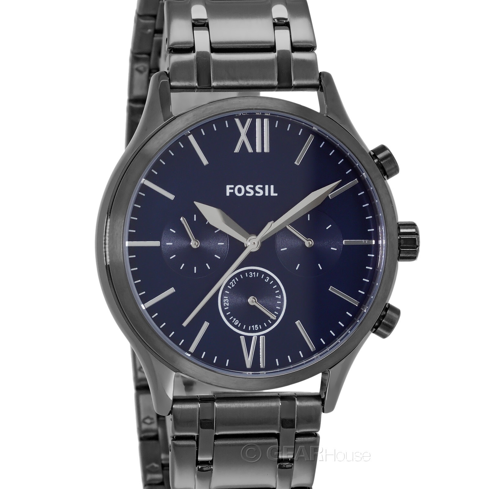 FOSSIL Fenmore Мужские серые многофункциональные часы с синим циферблатом и датой, ремешок из нержавеющей стали