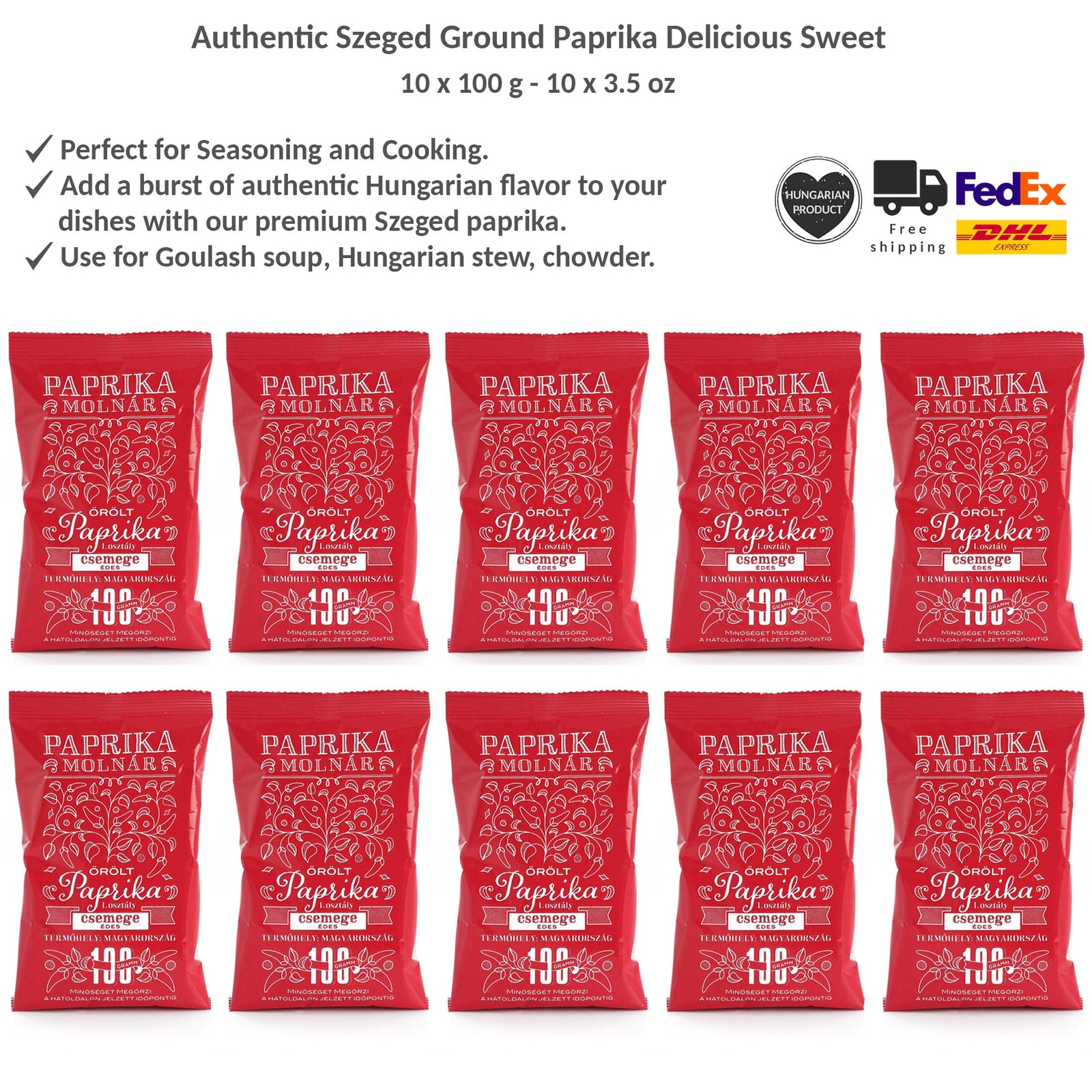 Szeged Ground Sweet Paprika Powder, Mild Pepper Seasoning Molnar 100gx10