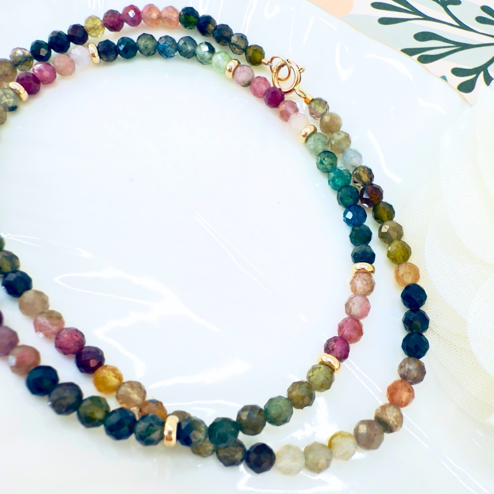 14k Yellow Gold Multicolor Tourmaline Bead Necklace, New 16