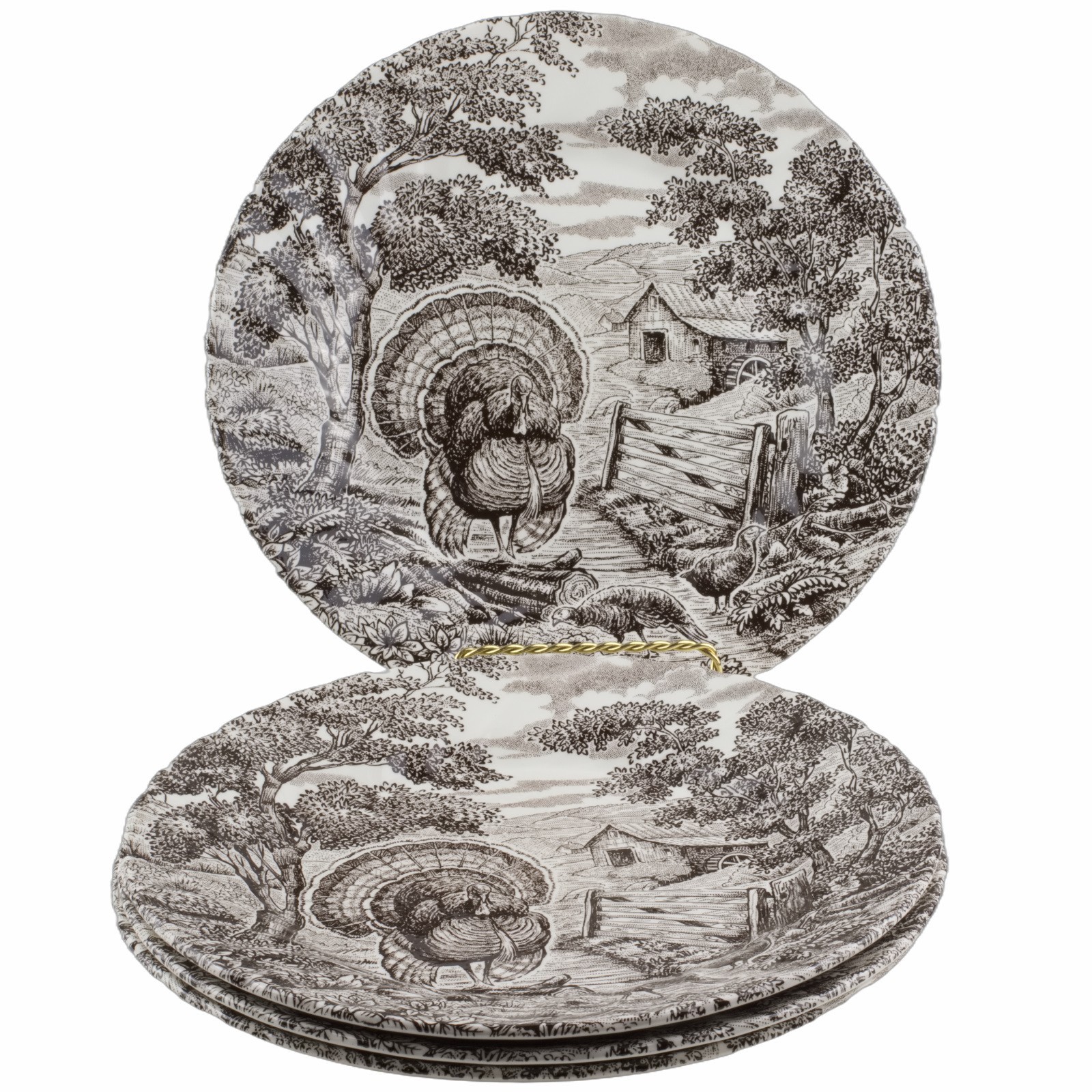 Queen's Harvest Homestead Turkey Thanksgiving Dinner Plates Set of 4 Brown