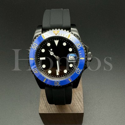 Custom Made MODS SUB Watch Black Rubber NH35 Auto Movement Blue/Gold Bezel