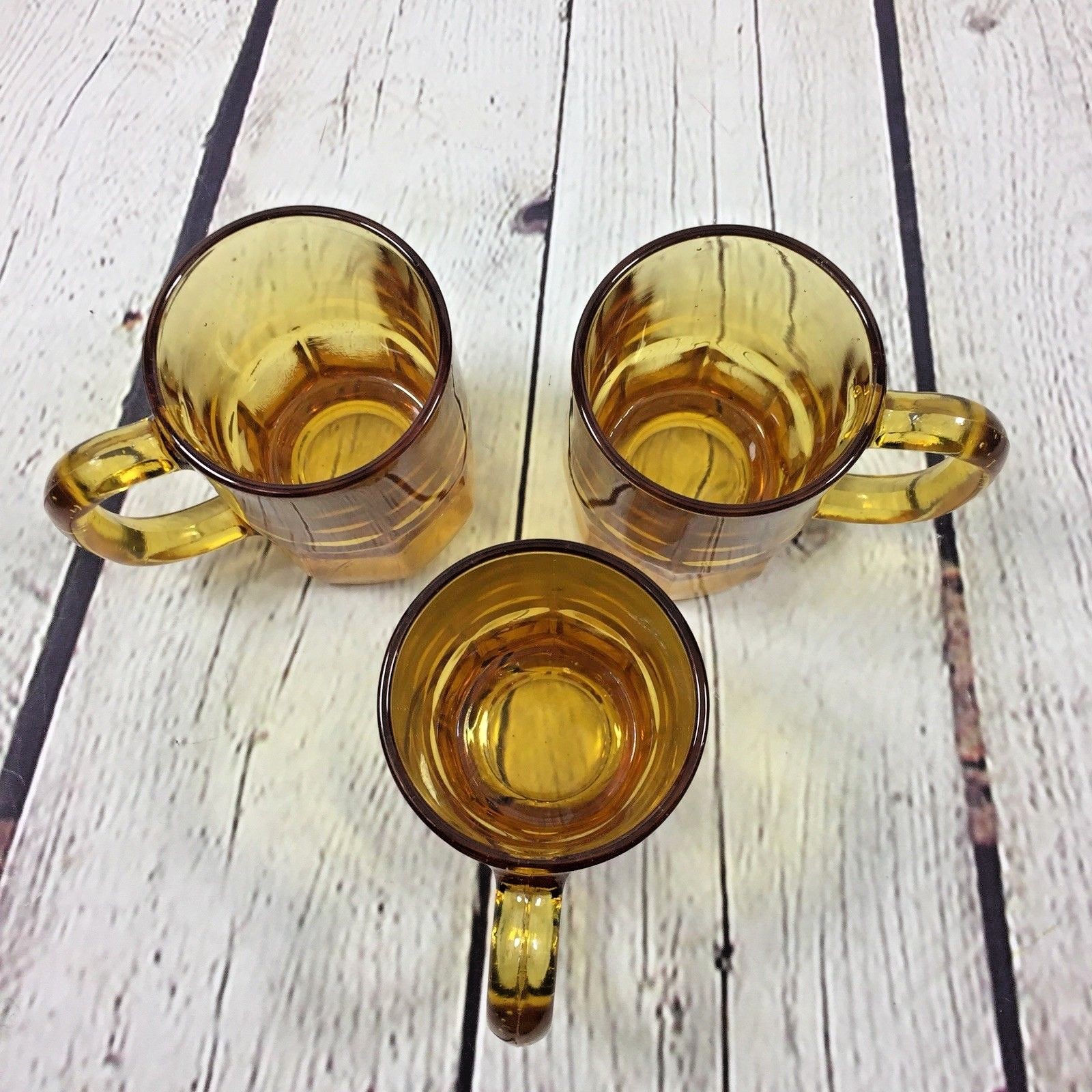 Three Vintage Amber Glass Drinking Beer Mugs