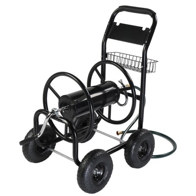 Heavy Duty Garden Hose Reel Cart Water w/Storage Basket Yard Outdoor 4 Wheels