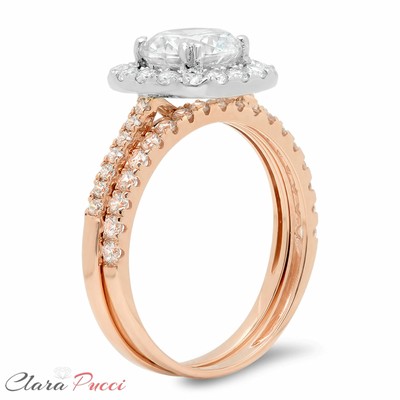 Pre-owned Pucci 2.10 Ct Round Halo Wedding Ring Band Set 14k Rose/white Gold Simulated Diamond In White/colorless