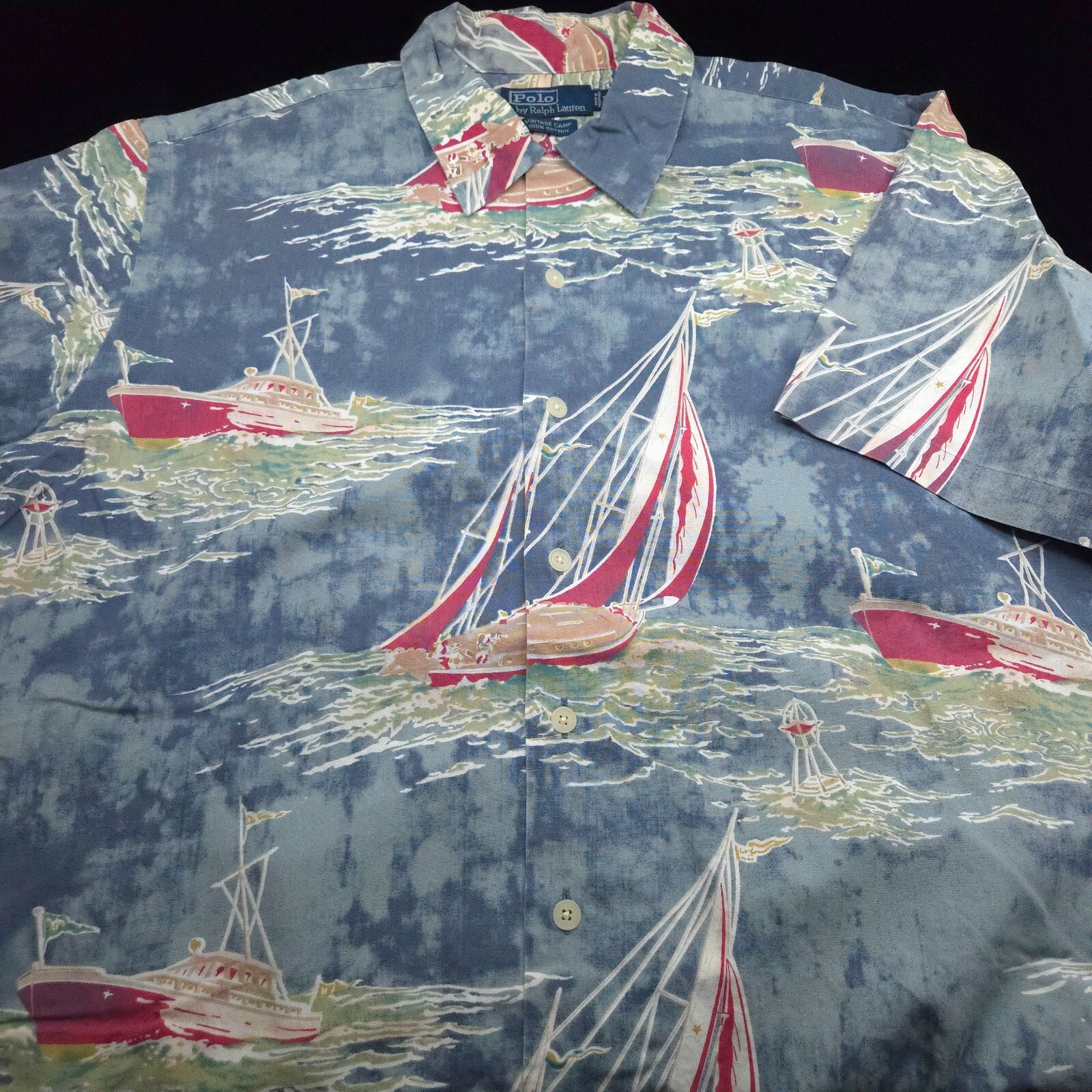 トップス Polo Ralph Lauren VINTAGE CAMP POLO RALPH LAUREN -VINTAGE CAMP SHIRT -L BLUE OCEAN SEA SAIL