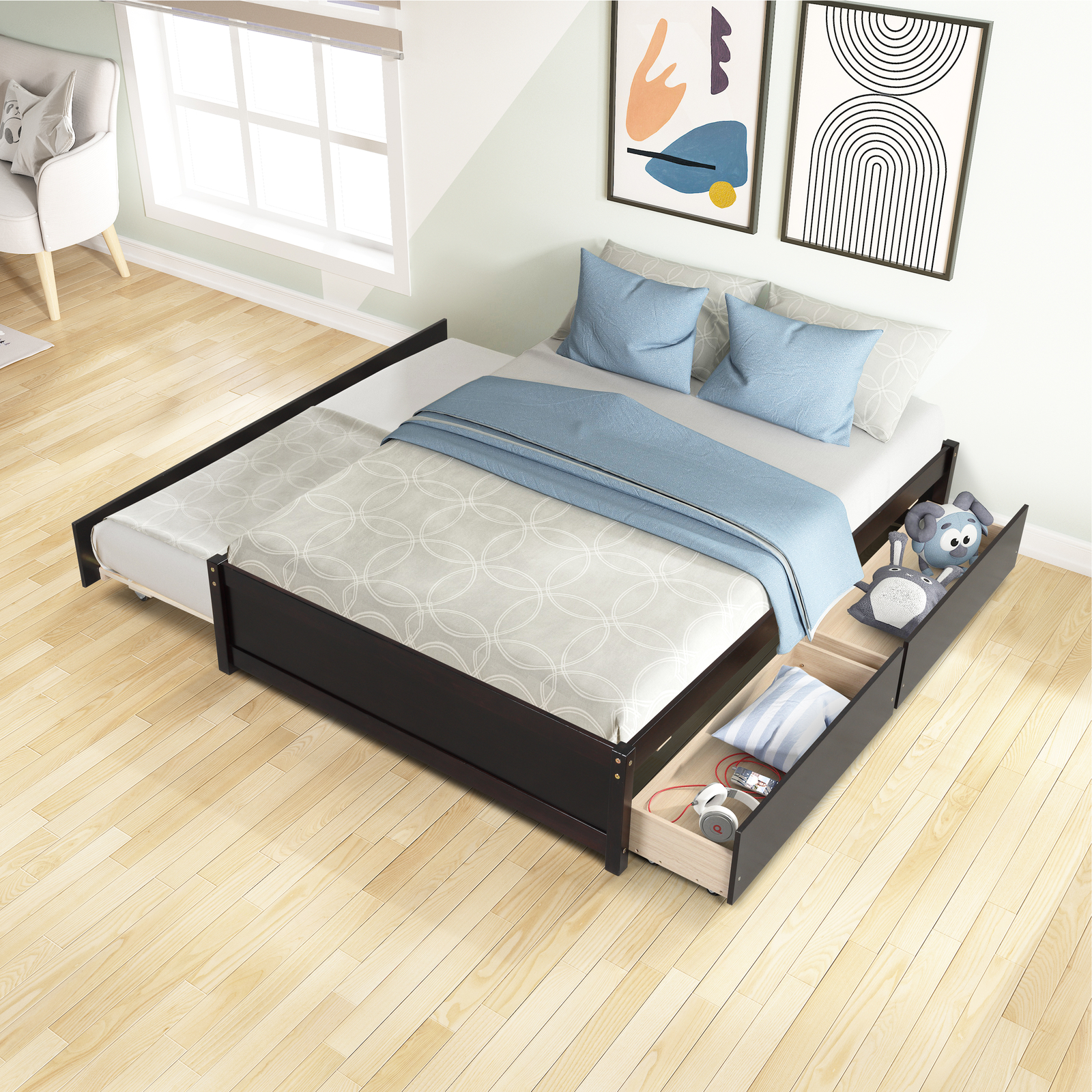 Modern Full Size Platform Bed Frame with Twin Size Trundle + 2 Storage Drawers