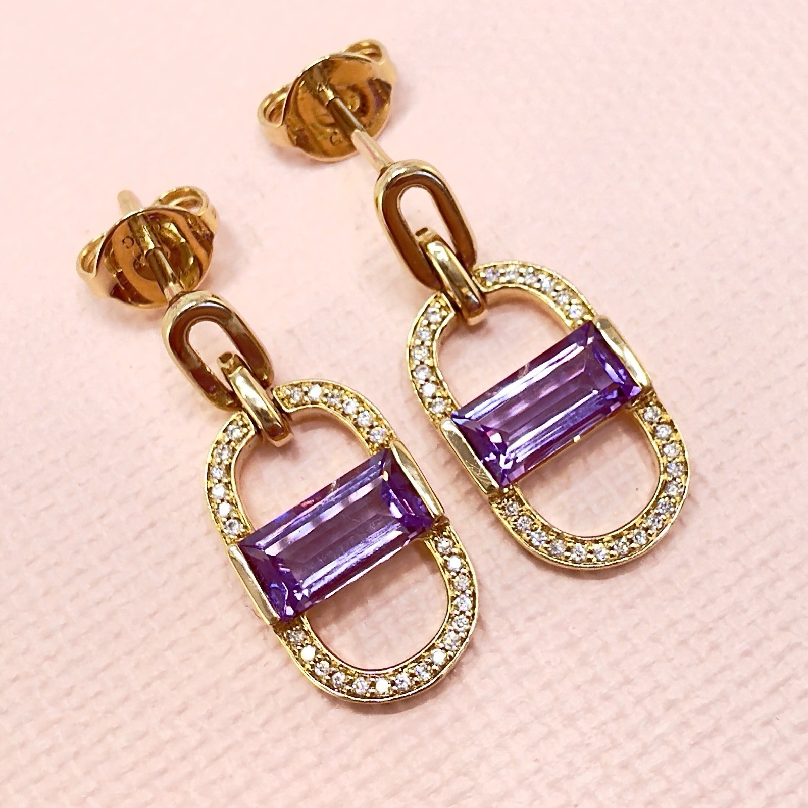 14k Yelow Gold Genuine Amethyst & Diamond Monernist Dangle Earrings, New - Picture 4 of 11