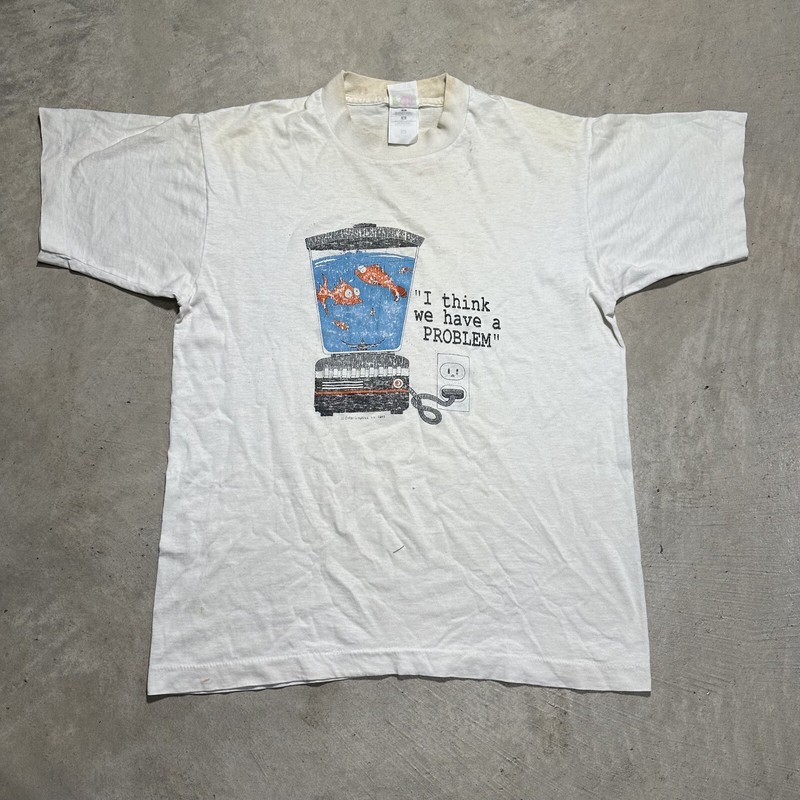 VTG Fish Blender Problem Graphic T shirt Size MEDIUM White Funny Humor USA 50/50