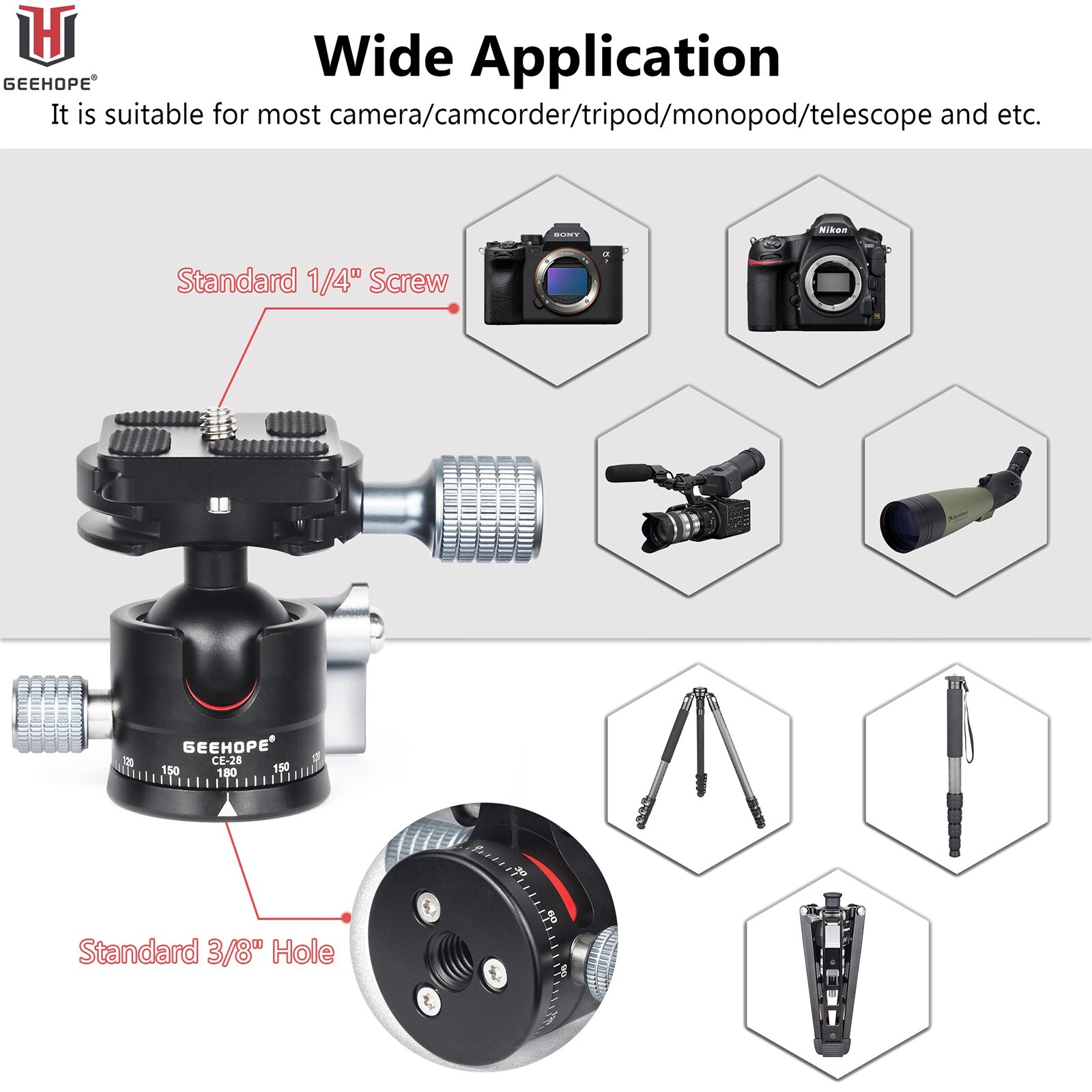 Low Profile Tripod Ball Head 28mm Universal Metal BallHead for DSLR Camera CE-28