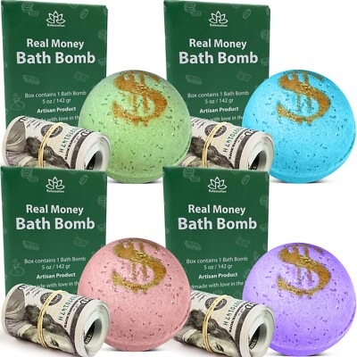 4 Set Bath Bombs with Cash Surprise Inside - Real Money Up to 100 Bill Inside