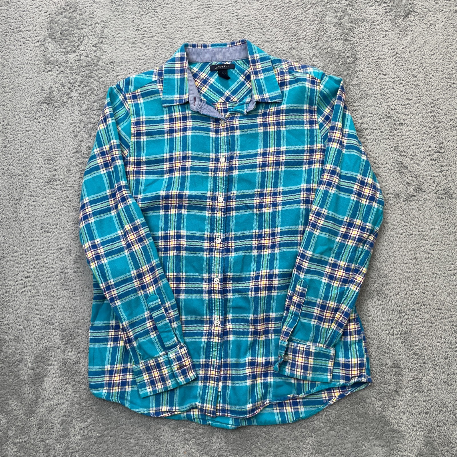 Vintage Lands End Shirt Womens Medium Tall Blue Flannel Plaid Cotton Button Up