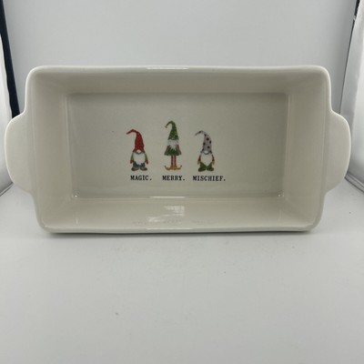 Rae Dunn Gnome MAGIC MERRY MISCHIEF Ceramic Loaf Pan Baking Dish