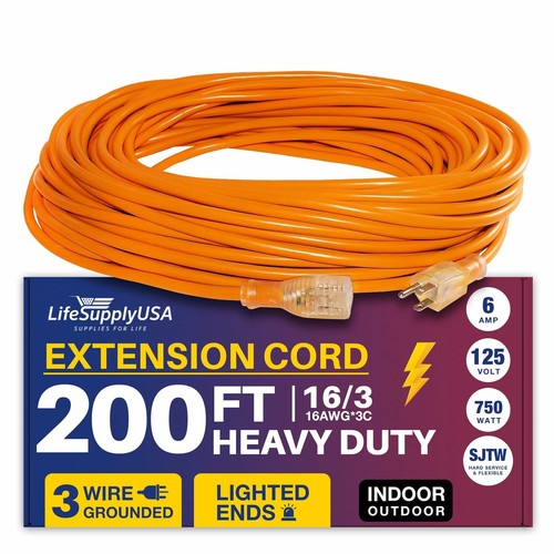 200ft Power Extension Cord Outdoor & Indoor - Waterproof Electric Drop Cord