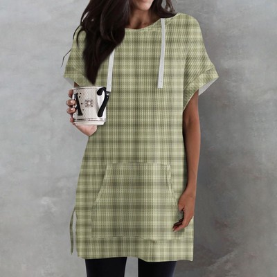 Women's Check Printed Short Sleeve Tops Plaid Hooded Knit Side Slit Loose Shirts