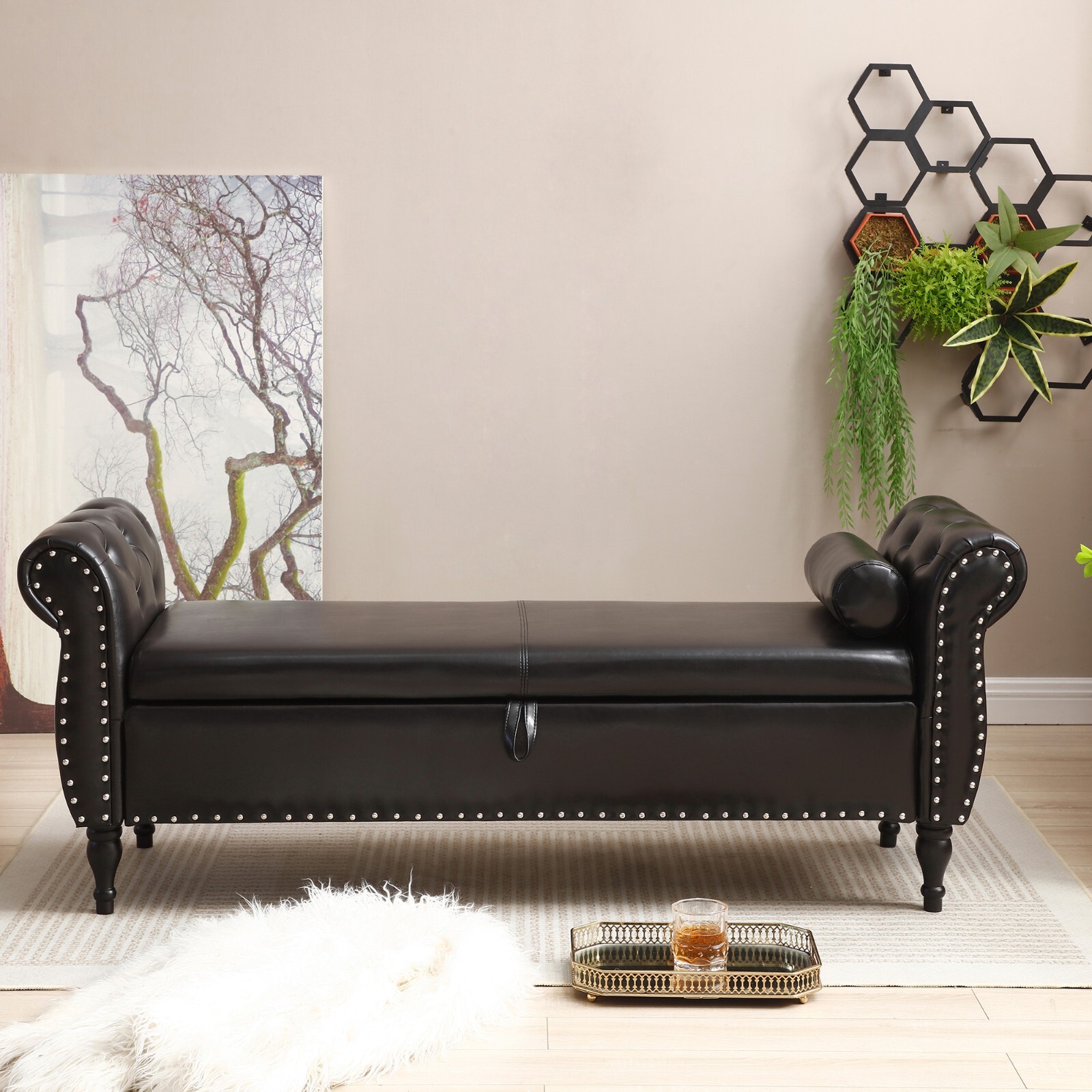 Modern Faux Leather Upholstered End of Bed Bench Storage Ottoman with Rolled Arm